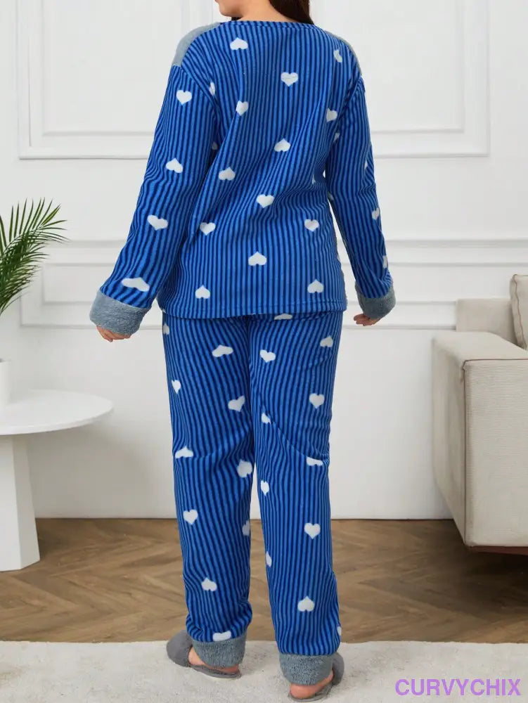 2Pcs Plus Size Heart Printed With Cute Bear Embroidery Detail Pj Set Pajama Sets