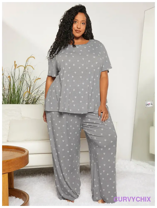 Curve Plus Allover Heart Print Pj Set Size Pajama Sets