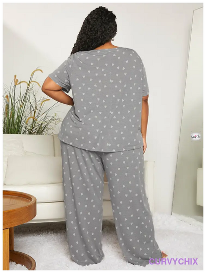 Curve Plus Allover Heart Print Pj Set Size Pajama Sets