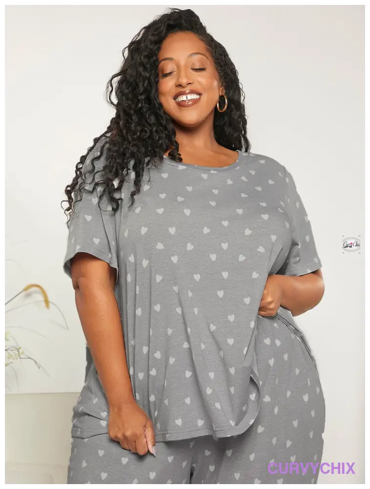 Curve Plus Allover Heart Print Pj Set Size Pajama Sets