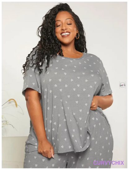 Curve Plus Allover Heart Print Pj Set Size Pajama Sets