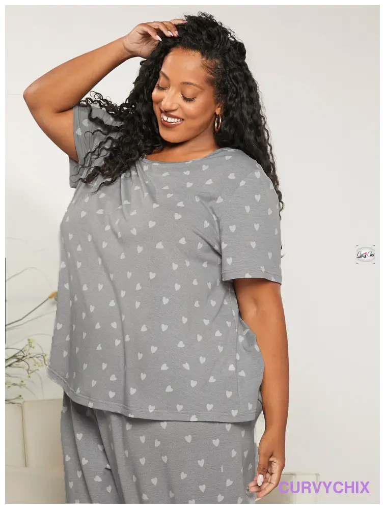 Curve Plus Allover Heart Print Pj Set Size Pajama Sets