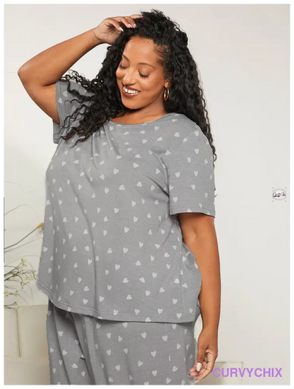 Curve Plus Allover Heart Print Pj Set Size Pajama Sets