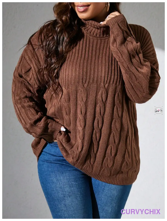 Plus size Turtleneck Cable Knit Drop Shoulder Jumper UK