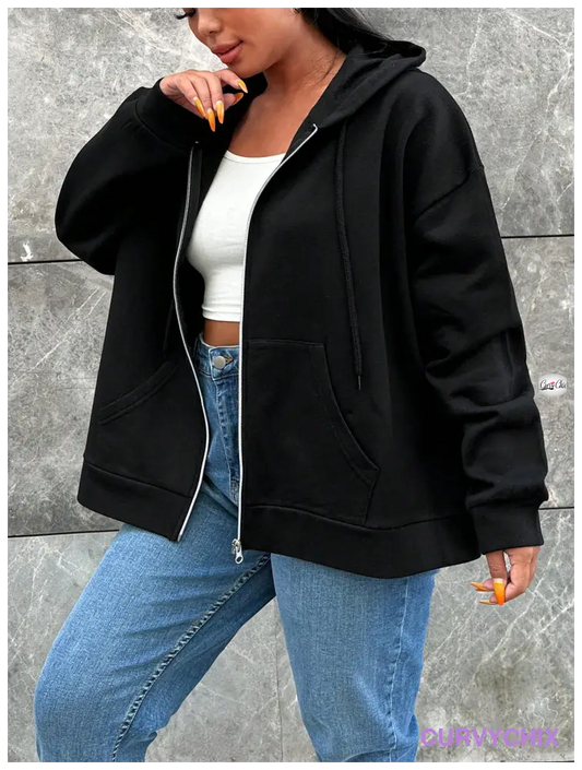 Plus Size Zip Up Drop Shoulder Drawstring Hooded Jacket Sale Price Jackets