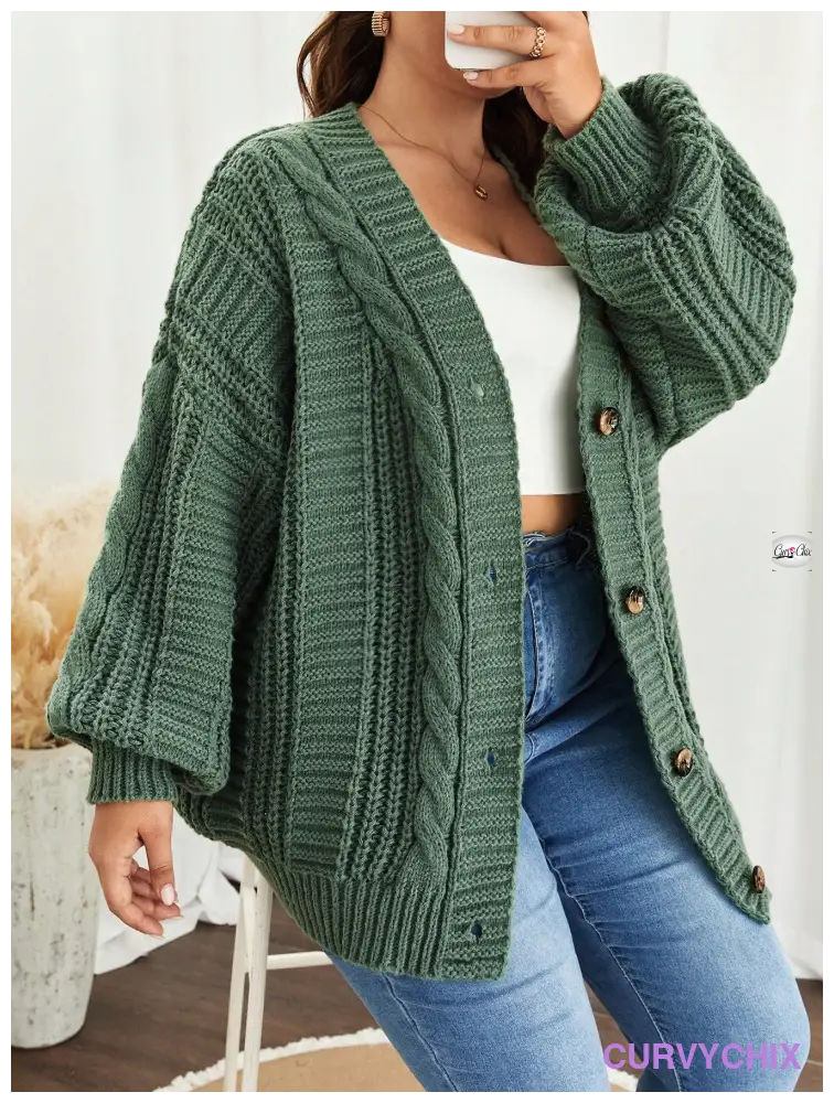 Plus Size Cable Knit Drop Shoulder Cardigan Size Cardigans