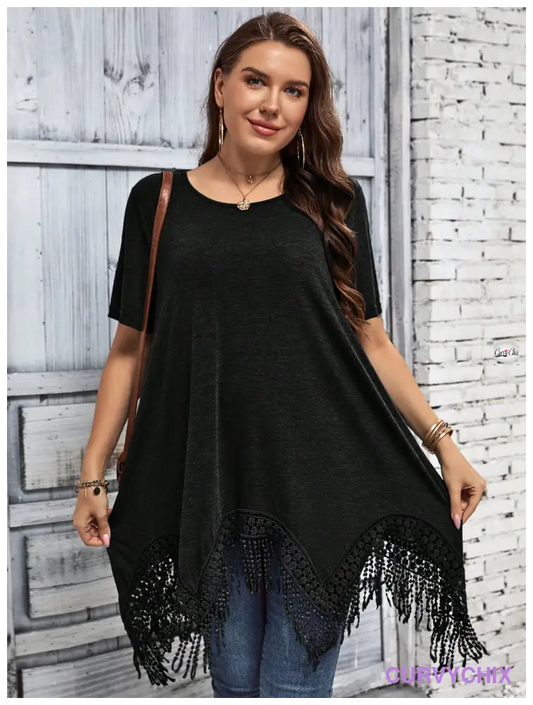 Plus Size Patchwork Lace Asymmetrical Hem Top - T-shirts