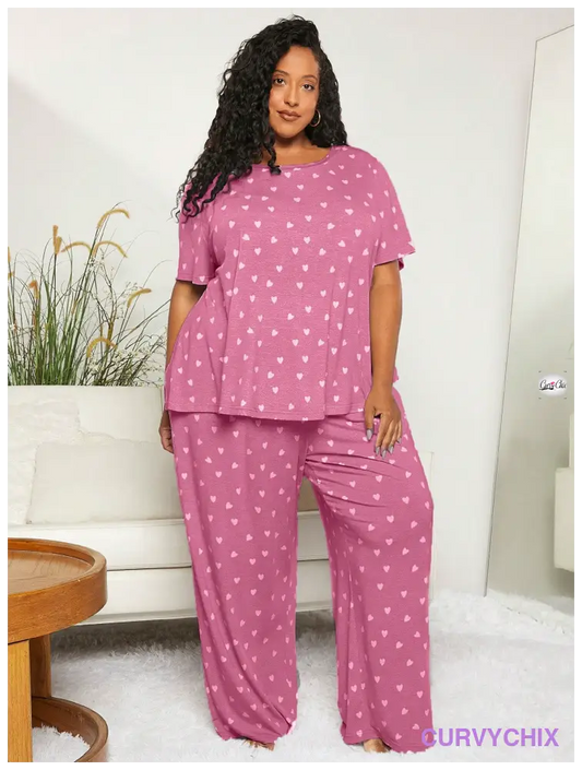 Curve Plus Size Women’s Heart Print Short Sleeve Top And Long Pants Homewear Set Pajama Sets