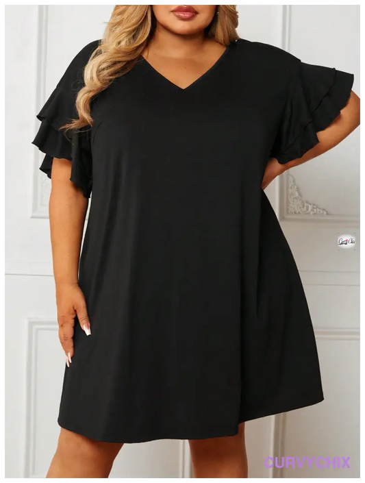 Plus Size Double Layered Short Sleeve V-Neck Knit Dress UK