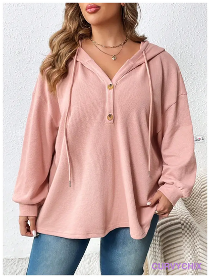 Plus Size Half Button Drop Shoulder Drawstring Hoodie UK