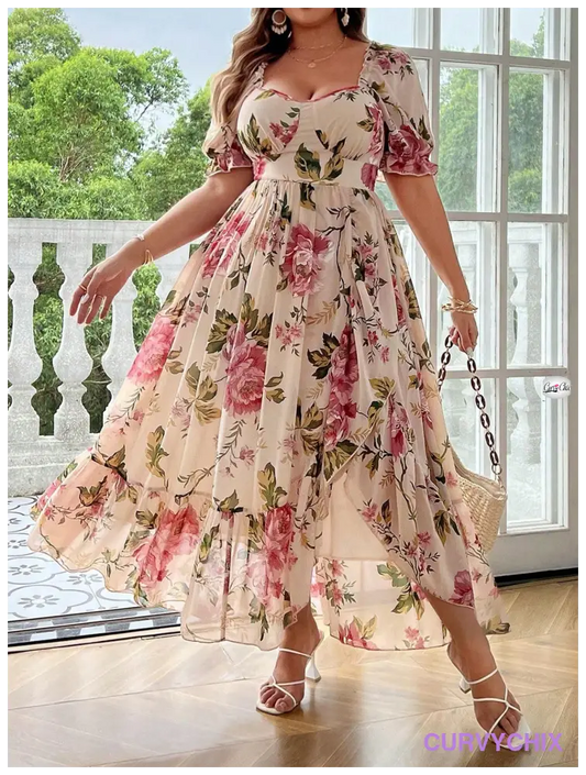 Plus Size Vintage Printed Heart Collar Dress With Ruffle Trim Dresses