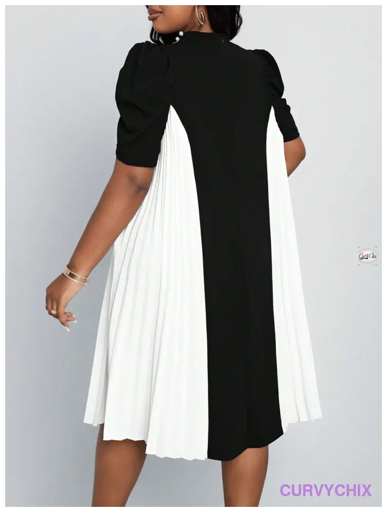 Curve Plus Size Work Women Dresses Black & White Spliced Pleated Neck Beaded Puff Sleeve Formal