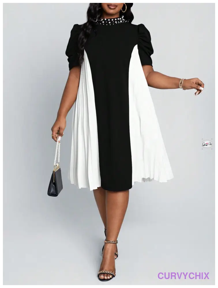 Curve Plus Size Work Women Dresses Black & White Spliced Pleated Neck Beaded Puff Sleeve Formal