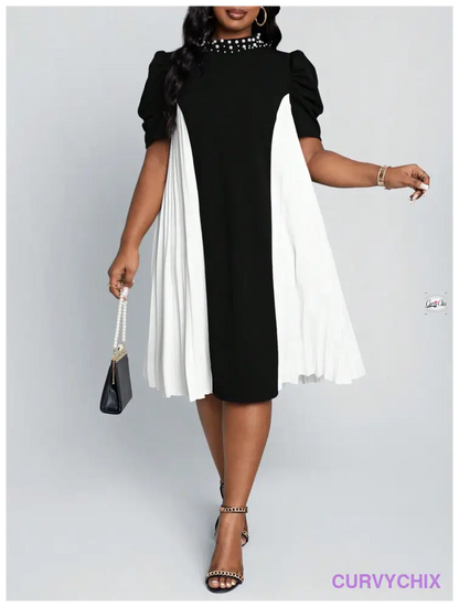 Curve Plus Size Work Women Dresses Black & White Spliced Pleated Neck Beaded Puff Sleeve Formal