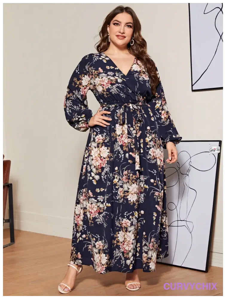 Plus Size Lantern Sleeve Belted Botanical Print Dress Size Dresses