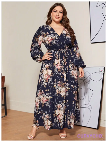 Plus Size Lantern Sleeve Belted Botanical Print Dress Size Dresses