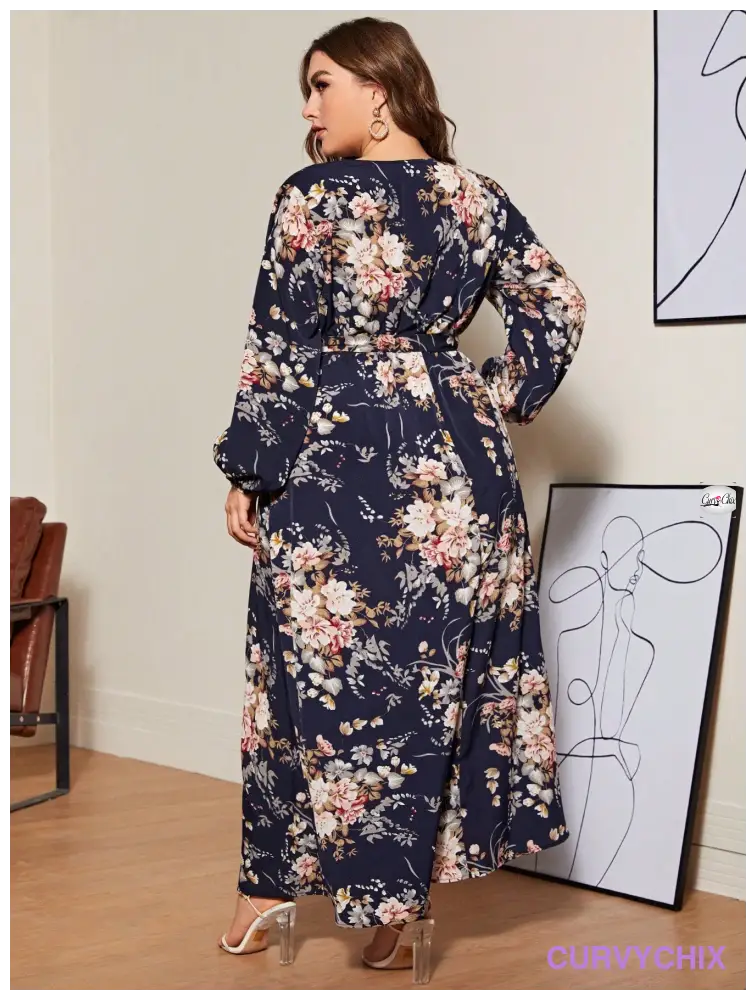 Plus Size Lantern Sleeve Belted Botanical Print Dress Size Dresses