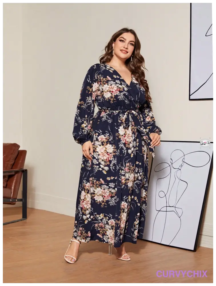 Plus Size Lantern Sleeve Belted Botanical Print Dress Size Dresses