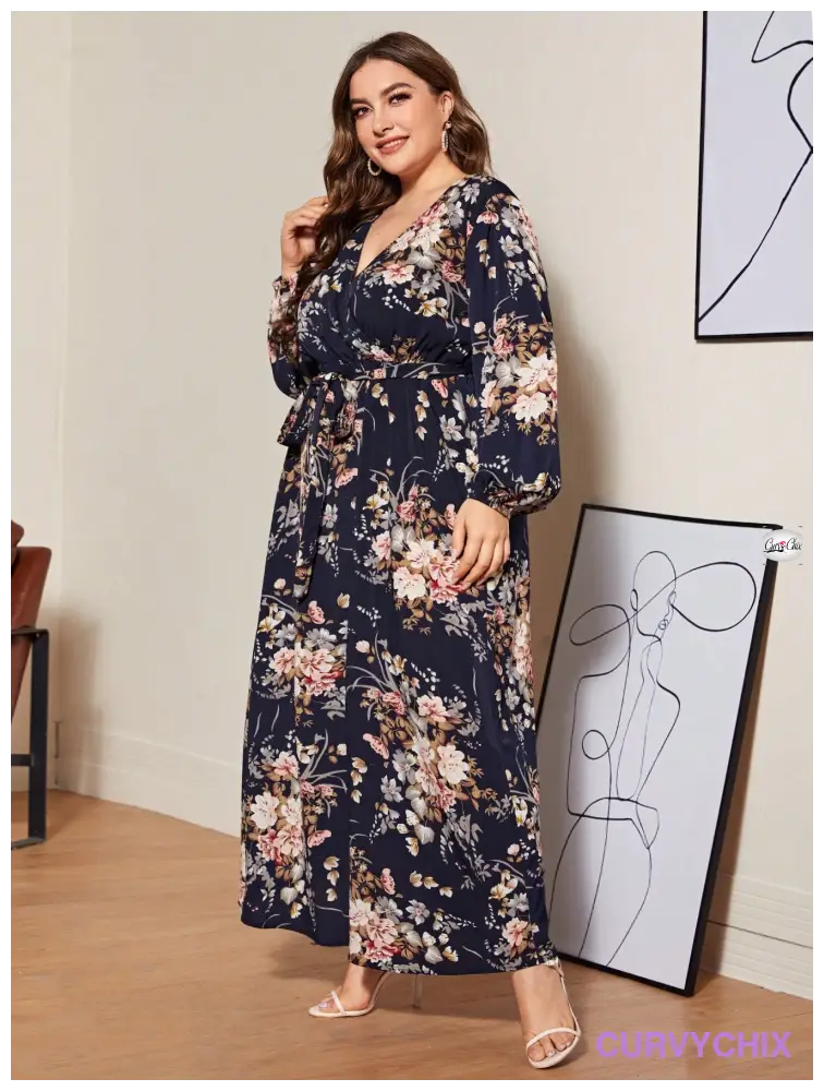 Plus Size Lantern Sleeve Belted Botanical Print Dress Size Dresses