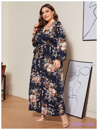 Plus Size Lantern Sleeve Belted Botanical Print Dress Size Dresses