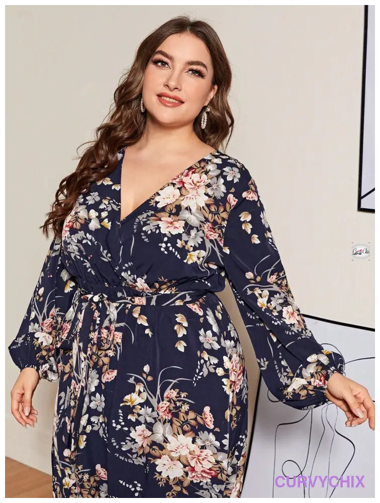 Plus Size Lantern Sleeve Belted Botanical Print Dress Size Dresses