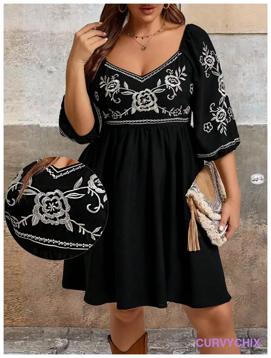 Plus size Black Rose Butterfly Embroidery V-Neck Size Long