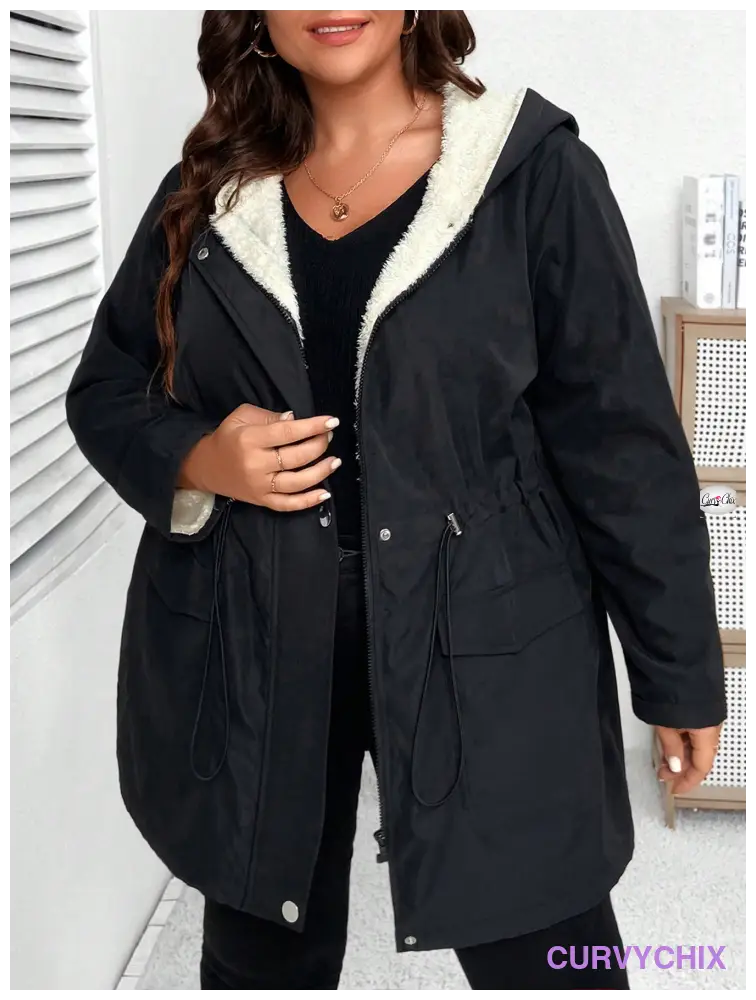 Plus size Drawstring Waist Dual Pocket Teddy Lined Hooded