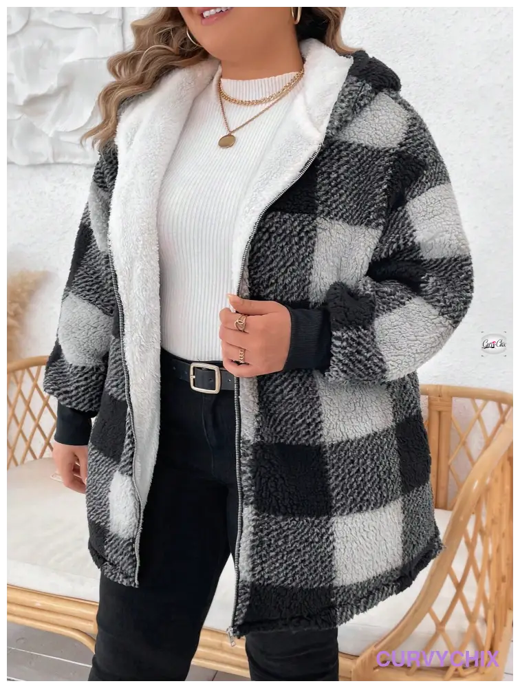 Plus Size Classic Black And White Plaid Double-Breasted