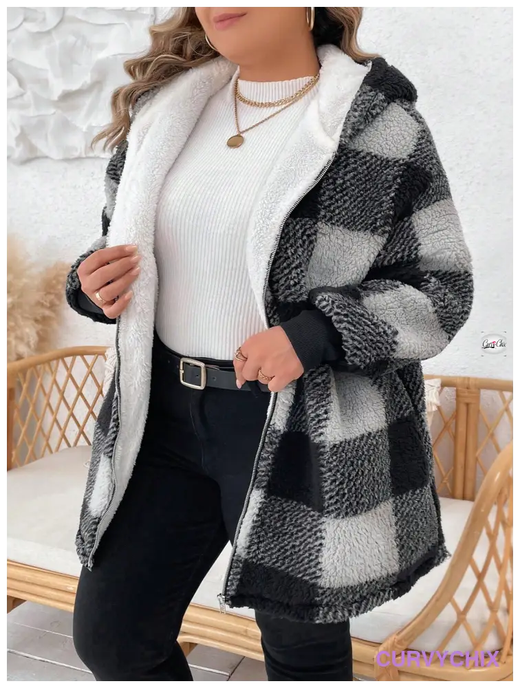 Plus Size Classic Black And White Plaid Double-Breasted