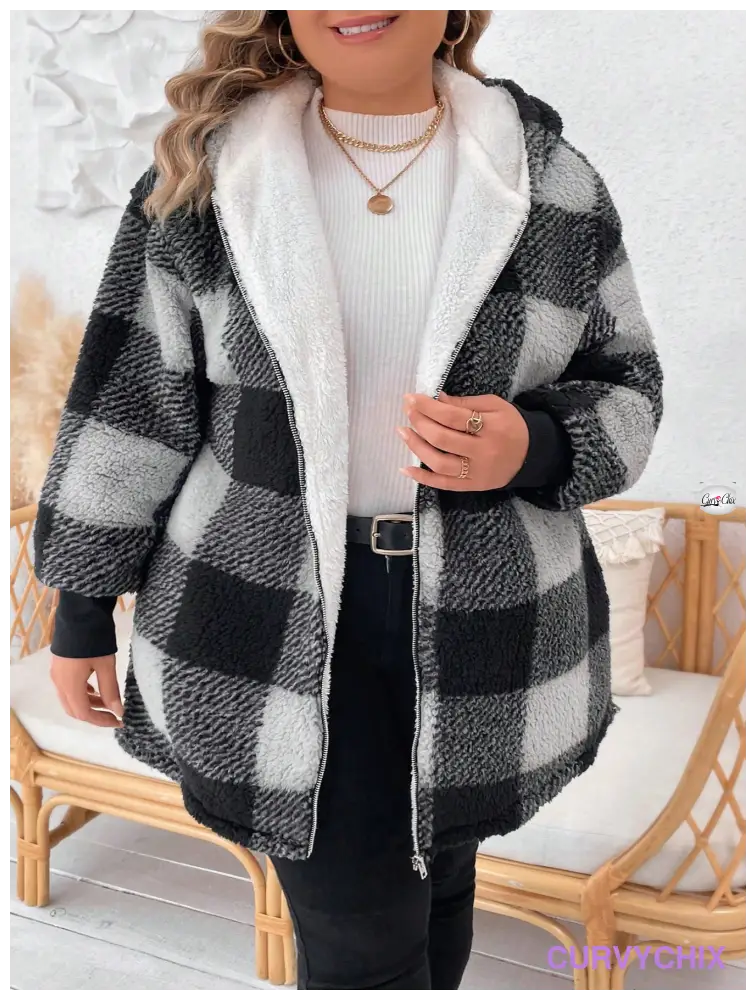 Plus Size Classic Black And White Plaid Double-Breasted