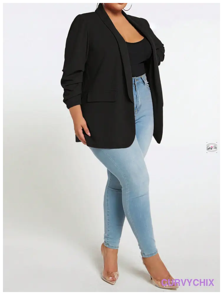 Plus Size 7/10 Sleeve Shawl Collar Open Front Blazer Jacket