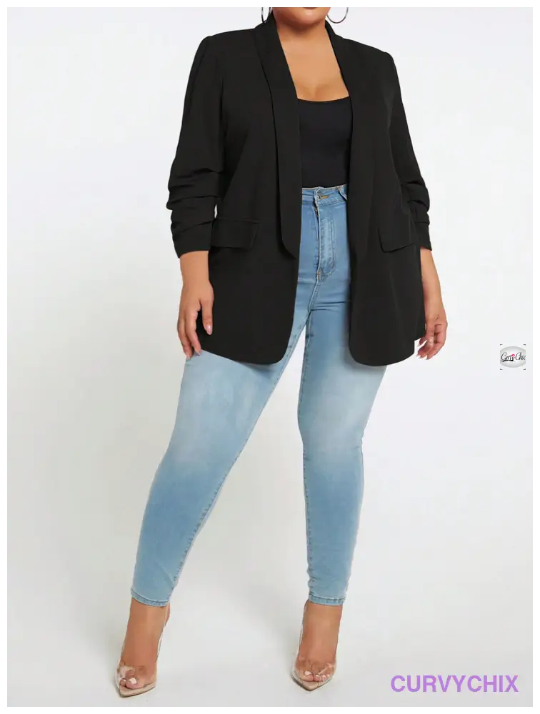 Plus Size 7/10 Sleeve Shawl Collar Open Front Blazer Jacket