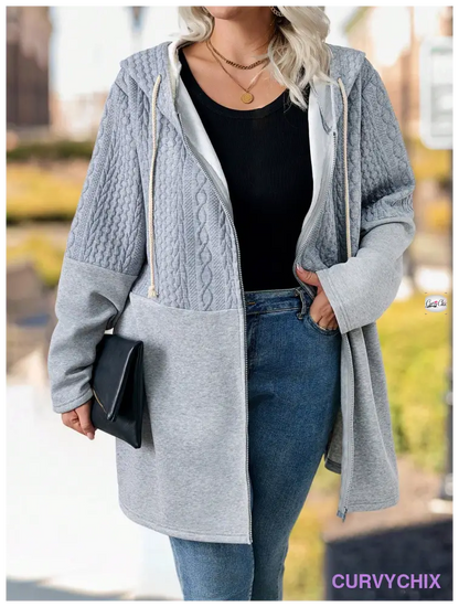 Plus Size Textured Panel Front Zipper Drawstring Hooded Casual Jacket Coats