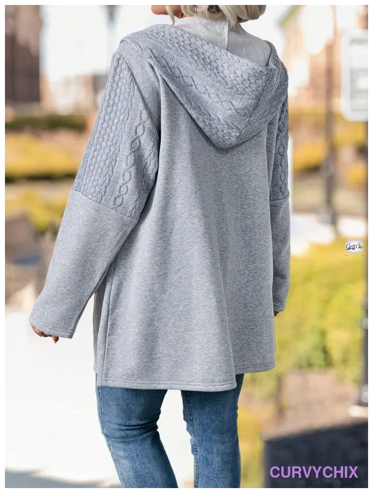 Plus Size Textured Panel Front Zipper Drawstring Hooded Casual Jacket Coats