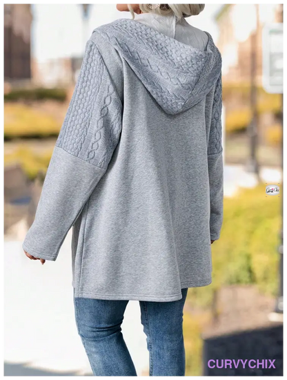 Plus Size Textured Panel Front Zipper Drawstring Hooded Casual Jacket Coats