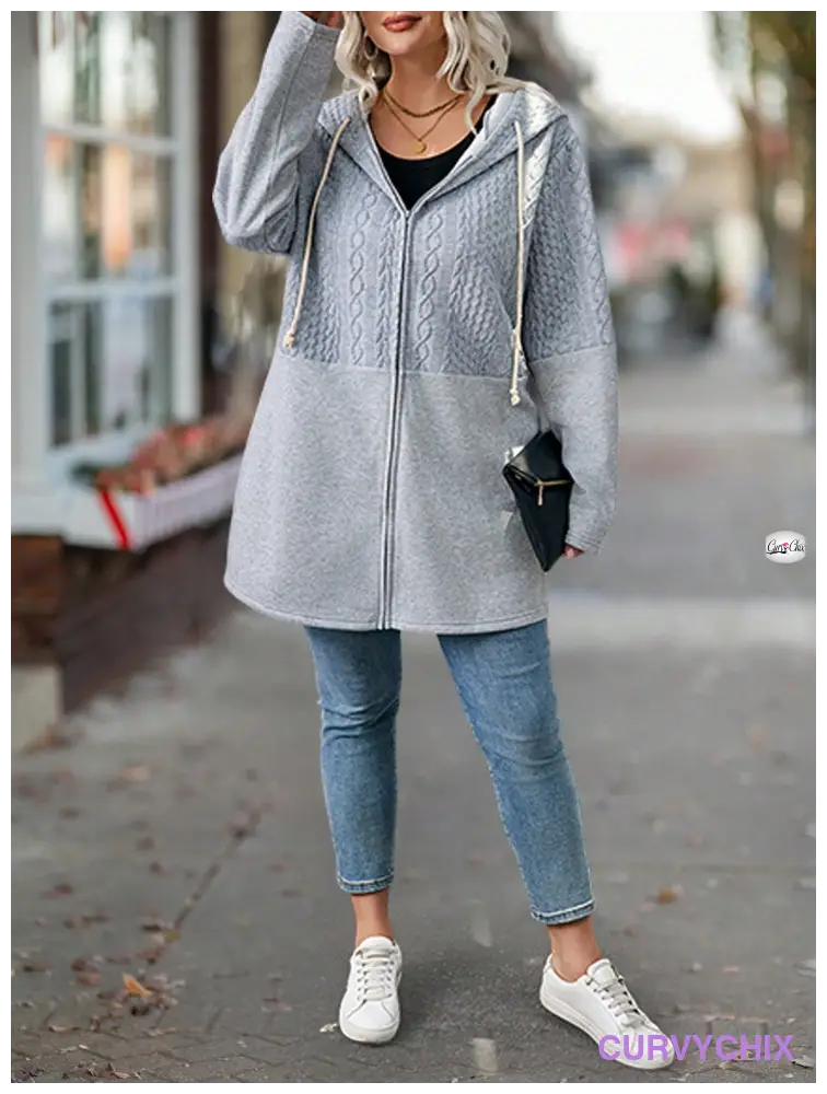 Plus Size Textured Panel Front Zipper Drawstring Hooded Casual Jacket Coats