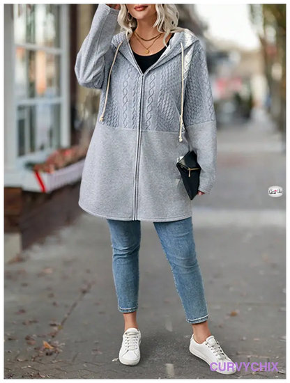 Plus Size Textured Panel Front Zipper Drawstring Hooded Casual Jacket Coats