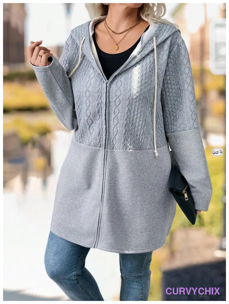 Plus Size Textured Panel Front Zipper Drawstring Hooded Casual Jacket Coats