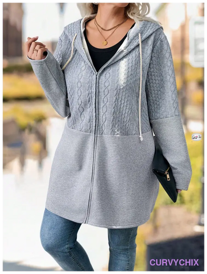 Plus Size Textured Panel Front Zipper Drawstring Hooded Casual Jacket Coats