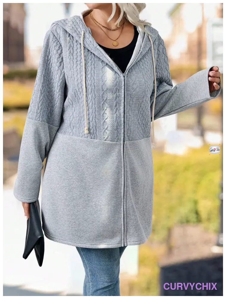 Plus Size Textured Panel Front Zipper Drawstring Hooded Casual Jacket Coats