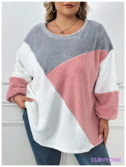 Plus Size Drop Shoulder Fuzzy Sweatshirt Asymmetrical Top