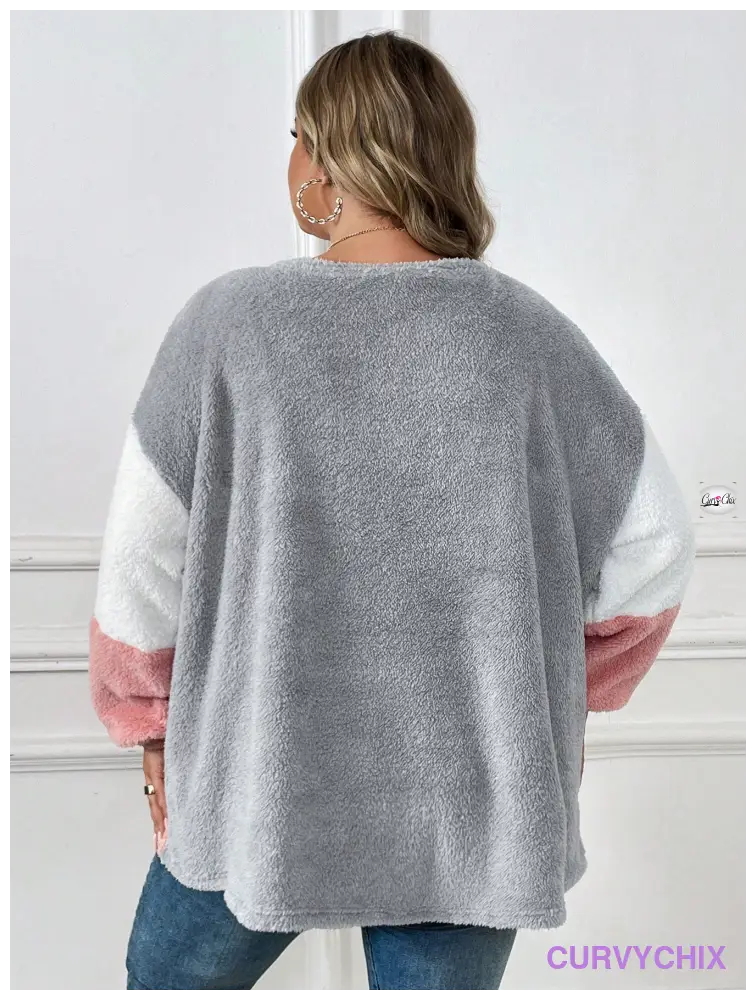 Plus Size Drop Shoulder Fuzzy Sweatshirt Asymmetrical Top