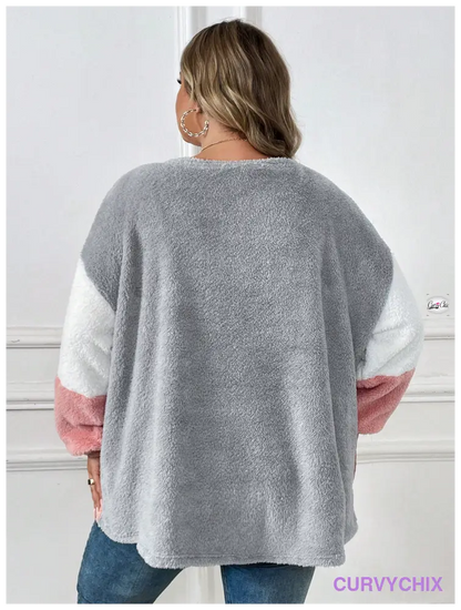 Plus Size Drop Shoulder Fuzzy Sweatshirt Asymmetrical Top