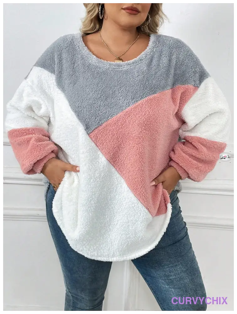 Plus Size Drop Shoulder Fuzzy Sweatshirt Asymmetrical Top