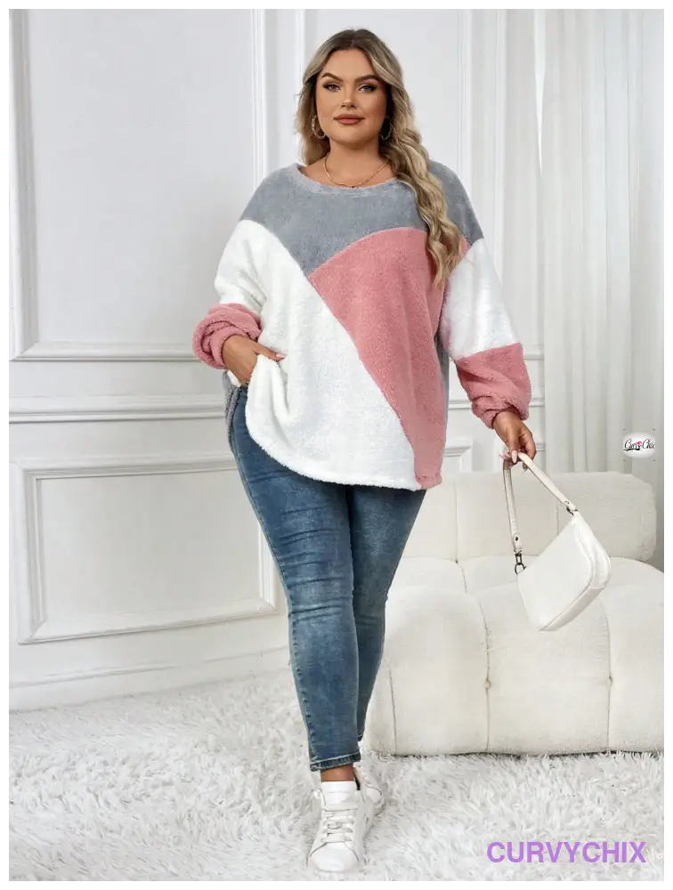 Plus Size Drop Shoulder Fuzzy Sweatshirt Asymmetrical Top