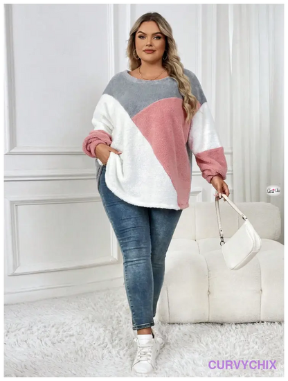 Plus Size Drop Shoulder Fuzzy Sweatshirt Asymmetrical Top