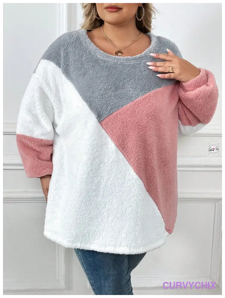 Plus Size Drop Shoulder Fuzzy Sweatshirt Asymmetrical Top