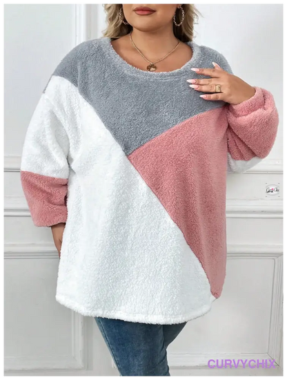 Plus Size Drop Shoulder Fuzzy Sweatshirt Asymmetrical Top