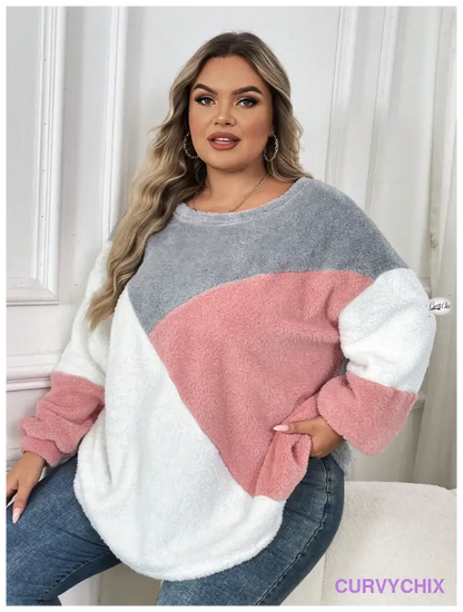 Plus Size Drop Shoulder Fuzzy Sweatshirt Asymmetrical Top