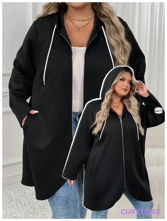 Plus Size Zip Up Drawstring Hooded Slant Pocket Coat Coats